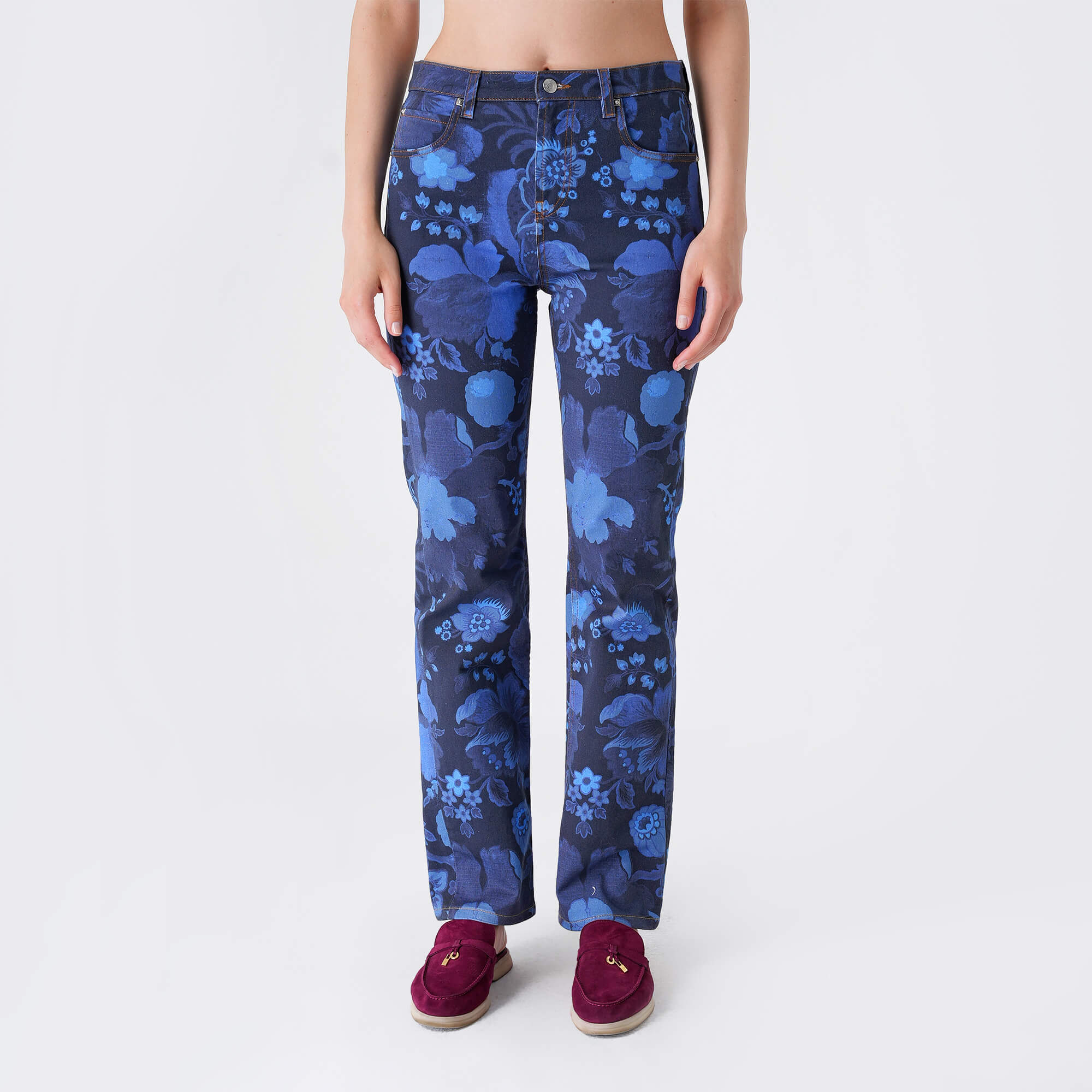 Etro - Navy Denim Floral Print Cotton Jeans